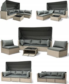 Wielofunkcyjny zestaw mebli ogrodowych - narożnik, leżanka z daszkiem Galicja 101 beż, poduszki szare