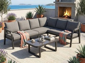 Salon Ogrodowy Narożny 6 Osób - Kanapa w Kształcie L z Wykończeniem z Plecionego Sznurka - Stolik Kawowy ze Szkła Hartowanego - Wytrzymała Stal Ocynkowana - Szary