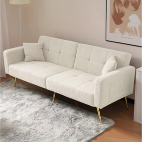 Sofa rozkładana 2-osobowa z funkcją spania w tkaninie Sherpa - 175 x 64 x 72 cm - Złote metalowe nogi - Biała