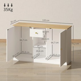 HOMCOM Komoda Kuchenna, Sideboard z Szufladą, Szafkami, Półkami, Płyta Wiórowa, Biała