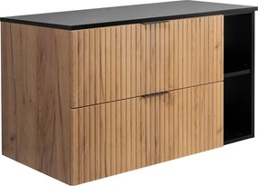 Szafka łazienkowa ryflowana FLOW 100 cm dąb craft złoty z czarnym blatem i regałem