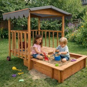 Piaskownica z werandą HAPPY, lita sosna 130 x 130 x 143 cm, brązowo szary Jurhan