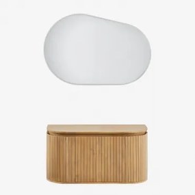 Zestaw Mebli Łazienkowych Z Drewna Mango Analis Naturalna & Without Sink & Owalna Lampa Led I Przeciwmgielna 100x80 Cm Meunier & Bez Kranu - Sklum