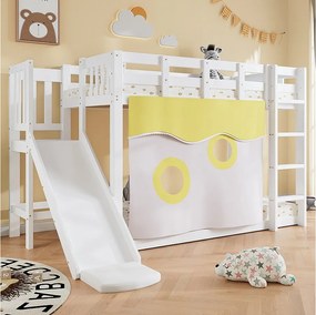 Łóżko piętrowe drewniane - 2 x 90 x 200 cm - ze schodami i barierkami + zasłonka + zjeżdżalnia - MDF + sosna - białe