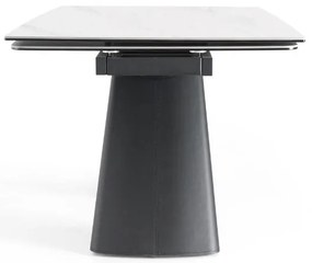 Elegancki stół z białym ceramicznym blatem na hartowanym szkle. Metalowa podstawa z czarnej stali nadaje mu nowoczesny charakter i wyjątkową trwałość.