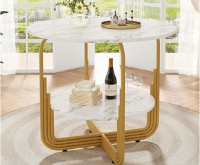 Okrągły stół jadalniany - Metalowa rama - Okleina o wzorze marmuru - Dla 4 osób - z półką do przechowywania - Biały i Złoty