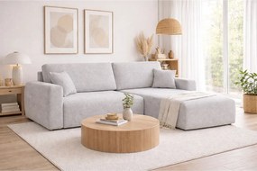 Narożnik z funkcją spania i pojemnikiem Ariel L, tkanina szenilowa Artico, Cement, Prawy