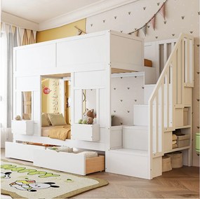 Łóżko piętrowe dla dzieci - 2 x 90 x 200 cm - ze schodkami do przechowywania + szufladami + barierką zabezpieczającą - drewno - białe