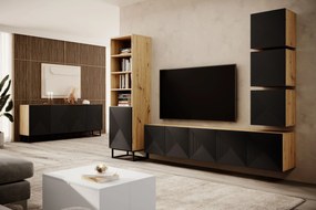 Szafka RTV wisząca Asha 200 cm z ryflowanym frontem - artisan / czarny mat