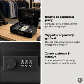 Kasetka na pieniądze z szyfrem i wyjmowaną tacką na bilon i banknoty Gregory