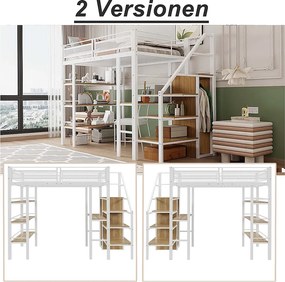 Łóżko mezzanine 90x200cm z metalu - z biurkiem i schowkami - Białe