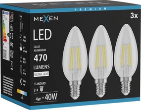 Mexen Vintis 3x żarówka filament LED E14, C35, 4W, Neutralna - 4000K, 470 lm, clear - L154-E14-0427-00x03