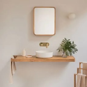 Zestaw Mebli Łazienkowych 130x45 Cm Wiszący Z Drewna Tekowego Neill Drewno Tekowe & Okrągły Ceramiczny Biały Ø40 Cm Lenka & Szczotkowane Złoto Do Zabu