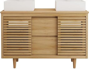 Szafka łazienkowa na nogach z drewna tekowego z podwójną okrągłą umywalką nablatową ceramiczną - szer.120 cm - TORAJA