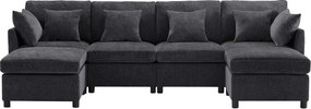 Nowoczesna kanapa - 4 osoby - przekształcalna w U i L - z 2 podnóżkami + 6 poduszkami - tkanina chenille - Szary