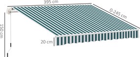 Outsunny Markiza balkonowa przegubowa, manualna, z korbką, biało-zielona, 395x245cm | Aosom PL