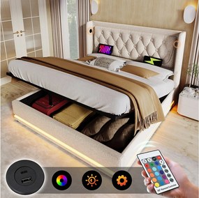 Łóżko ze schowkiem 160 x 200 cm, beżowa bawełna, łóżko dwuosobowe z diodą LED i portem USB, bez materaca