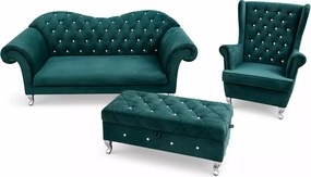 Nowoczesny tapicerowany zestaw do salonu - sofa Vera i fotel uszak głęboko pikowany z podnóżkiem