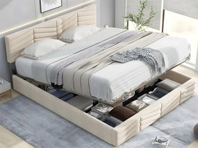 Łóżko z weluru z stelażem na listwy + regulowane wezgłowie - 140x190cm - Beżowe