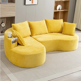 Sofa sztruksowa 3-osobowa - 250 x 152 x 82 cm - z uchwytem na kubek + kieszenią + poduszkami - żółta