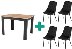Zestaw do jadalni 1+4, czarny stół w dekorze złoty dąb MADO 120x80cm i czarne aksamitne krzesło do jadalni IMOLA