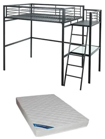 Łóżko antresola CASUAL – blat biurka – kolor antracytowy i piankowy materac 140 × 190 cm