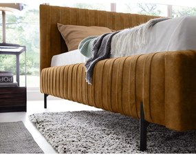 Tapicerowane łóżko dwuosobowe ze schowkiem ze stelażem 160x200 cm w kolorze ochry Plissa – ELTAP