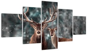 Obraz - Jeleń i łania w zaśnieżonym lesie (125x70 cm)
