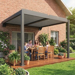 Outsunny Pergola ok. 3x3 m aluminiowa zadaszenie tarasu z regulowanym dachem lamelowym montaż na ścianie ciemnoszara | Aosom PL