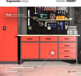 Duży stół warsztatowy z szafkami i szufladami Henry antracytowo-niebieski