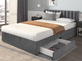 Łóżko z wezgłowiem i 2 szufladami - 160 x 200 cm - tkanina aksamitna - stelaż listwowy - szare