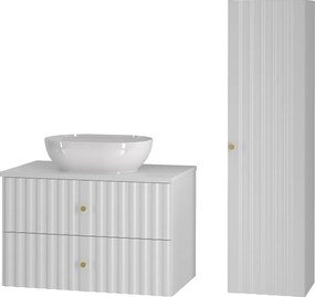 Biały Zestaw Łazienkowy 80cm Szafka z Blatem Umywalka Słupek Ryflowane Fronty Aqua