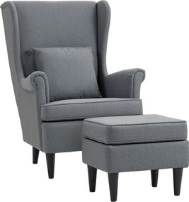 HOMCOM Fotel z podnóżkiem, z nogami z drewna kauczukowego, pokrycie materiałowe, szary