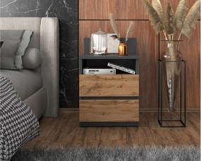 Duża Szafka Nocna Szary Mat Dąb Wotan 40 CM 2 Szuflady 1 Półka Stolik Nakastlik 40x32x59 CM
