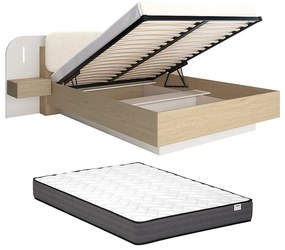 Łóżko ze skrzynią z szafkami nocnymi 160 x 200 cm - Z oświetleniem LED - Kolor: Beżowy i naturalny + Materac - LYORIMA