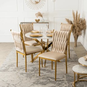 Stół Okrągły Szklany BALI 100 cm Biały Marmur/Złoty Glamour