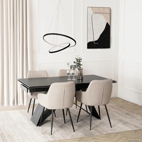 Zestaw Stół Prostokątny Rozkładany VICTOR 160-240 cm Czarny Marmur i 4 Krzesła Tapicerowane MALAGA Beżowe Nowoczesne