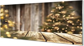 Szklany Panel Choinka i Lampki na Drewnie