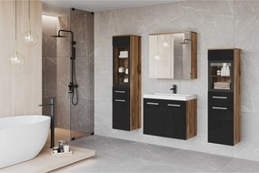 Meble łazienkowe z LED, zestaw wiszący do łazienki z umywalką, 2 słupkami i szafką lustrzaną, korpus dąb wotan, fronty czarny połysk
