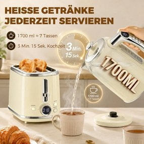 HOMCOM Zestaw czajnik i toster z wyświetlaczem LED, czajnik 1,7-l z 3 godz. funkcją podtrzymywania ciepła, kremowy | Aosom PL