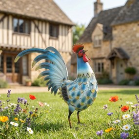 Outsunny Figura koguta do ogrodu, metalowa dekoracja, 41 cm, stojąca rzeźba z kotwami gruntowymi, wielokolorowa | Aosom PL