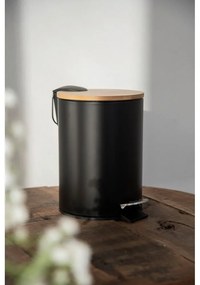 Czarny kosz na śmieci z bambusową pokrywą Wenko Tortona, 3 l