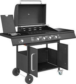 Outsunny Grill Gazowy 15,2 KW na Wózku z 5 Palnikami Nierdzewnymi Boczny Palnik 129,5 x 56 x 110 cm Czarny