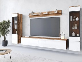 Zestaw mebli do salonu z LED 4 elementy – szafka RTV 180 cm, 2 witryny i półka, stojąca lub wisząca, korpus dąb Wotan, fronty biały połysk