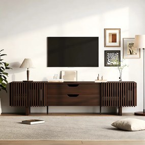 Stojak pod TV w kolorze ciemnego orzecha - 180 x 40 x 45 cm - z 2 szufladami + 2 drzwiami - do telewizorów 75 cali - MDF