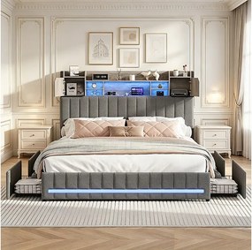 Rama łóżka 160x200 cm szara z 4 szufladami, oświetleniem LED, portami USB, oddychającą tkaniną lnianą i wbudowanym schowkiem