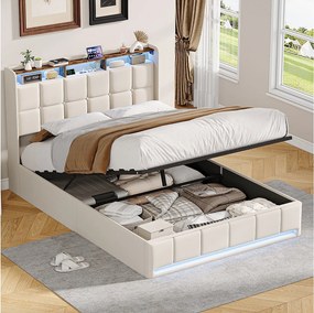 Łóżko 160x200 cm z oświetleniem LED, hydraulicznym schowkiem, stelażem z listew, ładowarkami USB i typu C - beżowa tkanina lniana