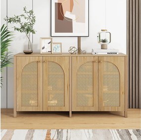 Drewniany kredens z 4 drzwiami z rattanu i regulowanymi półkami, metalowe uchwyty, odpowiedni do salonu i jadalni