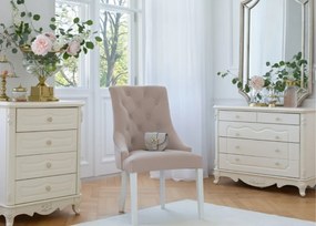 Eleganckie krzesło do jadalni lub salonu Opera beżowe. Krzesło z pikowanym oparciem chesterfield, drewniane białe nogi. Tkanina welwetowa, odporna na wsiąkanie płynów.