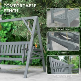 Outsunny 2-osobowa huśtawka ogrodowa z drewna, ławka bujana z półkami, uchwytami na napoje i łańcuchami, szara | Aosom PL